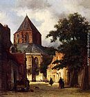 Johannes Bosboom Figures In The Streets Of A Dutch Town, A Church In The Background painting